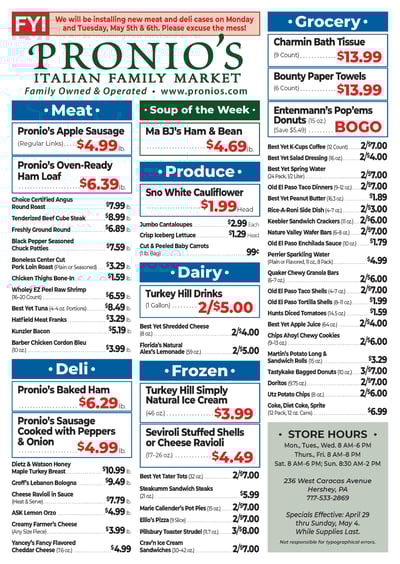 Pronio's Italian Market Specials for April 29 - May 4, 2025